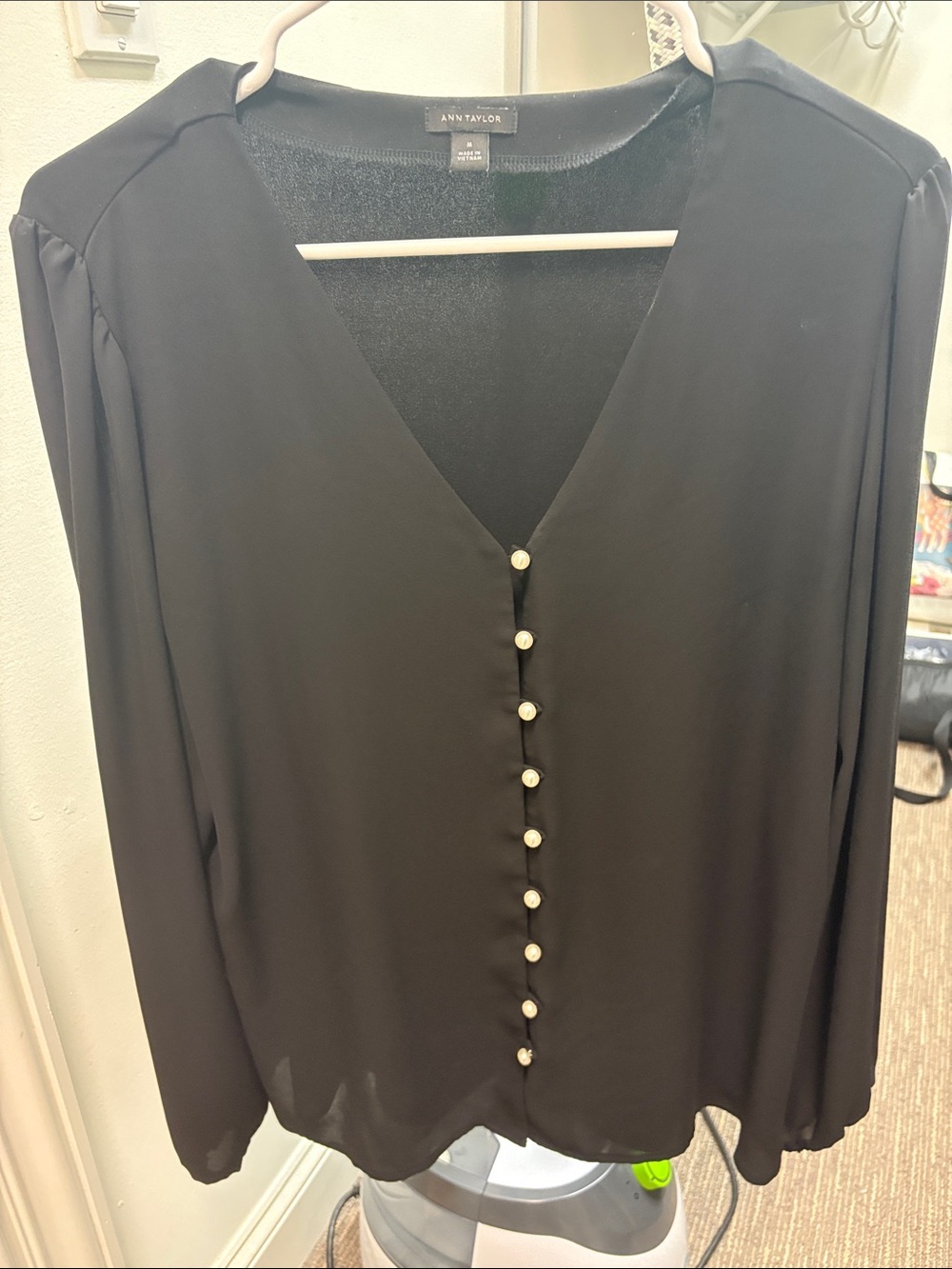 Ann Taylor Black V-Neck Pearl-Button Blouse